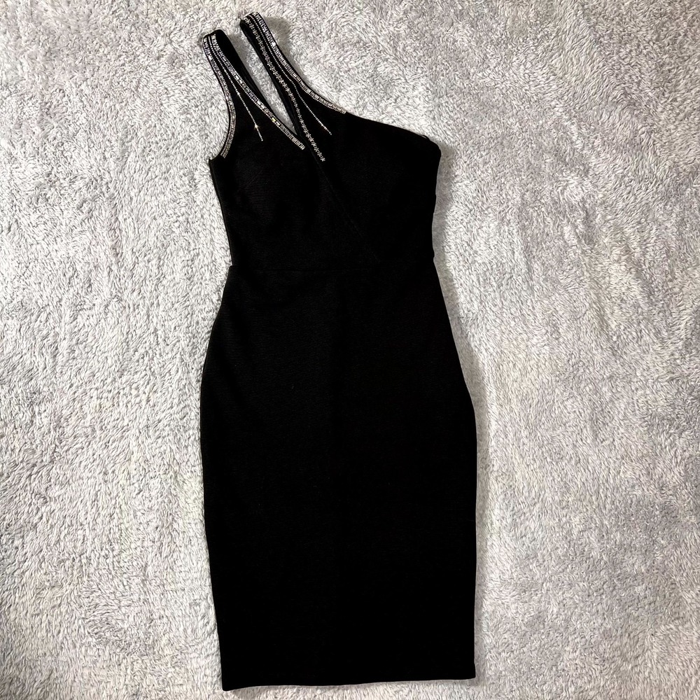 City Studio Sheath Mini Dress Womens 1 Black Stretch Rhinestone‎ One Shoulder